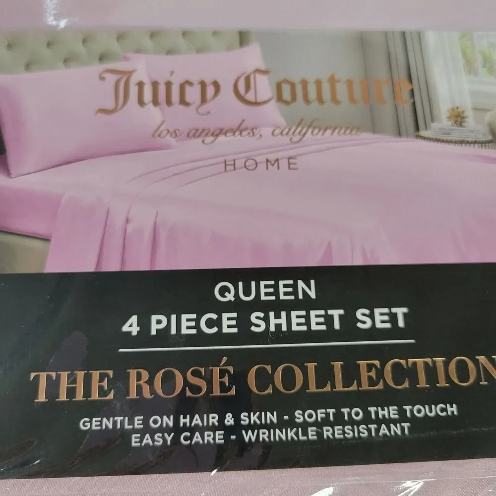 Juicy Couture Pastel Pink Satin 4pc QUEEN Sheets Set Easy Care Sleek Smooth Soft
